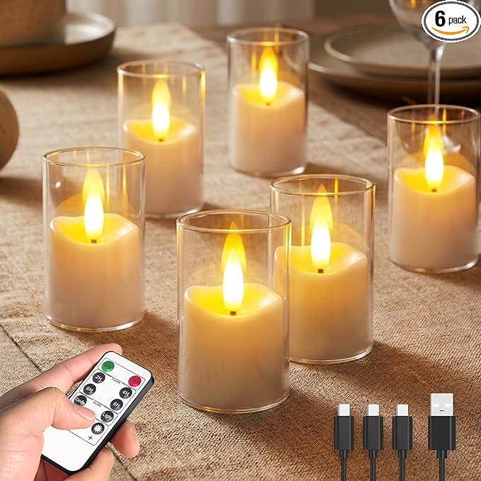 Rechargeable Acrylic Flameless LED Tea Lights with Timer, Flickering Warm Glow Votive Candles, Remote Battery Operated Set for Holiday & Daily Table Decor (Set of 6, White)