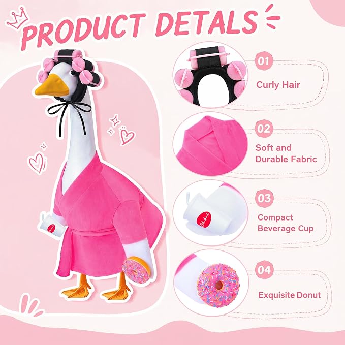 Lady Porch Goose Bathrobe Outfits Fits 23" Concrete Goose Statue | Funny Winter Porch Goose Outfit Old Lady Geese Costume with Curlers Coffee Cup for Outdoor Yard Garden Patio Decor(Fuchsia)