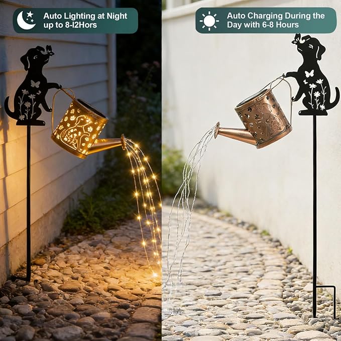 Solar Watering Can Lights for Outside, 2Pack Watering Can with Cascading Lights Shepherd's Hook, Gardening Gifts for Women, Yard Decoration Outdoor and Garden Backyard
