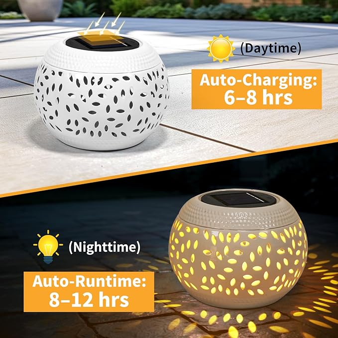 Solar Table Light Waterproof Outdoor & Indoor Lantern - White Metal Retro Hollowed-Out Flickering Flame Tabletop Lights for Desk/Bedroom/Patio/Garden, Solar Powered Lamp Pathway Yard Garden Decor
