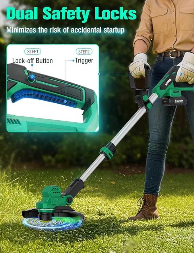 KIMO Cordless Weed Wacker Battery Operated w/ 2 x 2.0Ah Batteries, 12" Weed Eater w/Auto Line Feed, 4 Line Spools & 6 Blades, 2-in-1 String Trimmer & Edger with Wheel, 20V Grass Trimmer for Lawn Yard