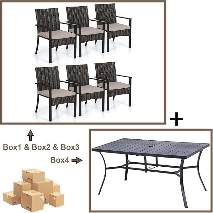 Sophia & William 7 Pieces Patio Dining Set for 6 People, Metal Patio Table and Rattan Chairs Set, Rectangular Outdoor Table and Wicker Chairs with 1.57"-1.9" Adjustable Umbrella Hole, Seat Cushion
