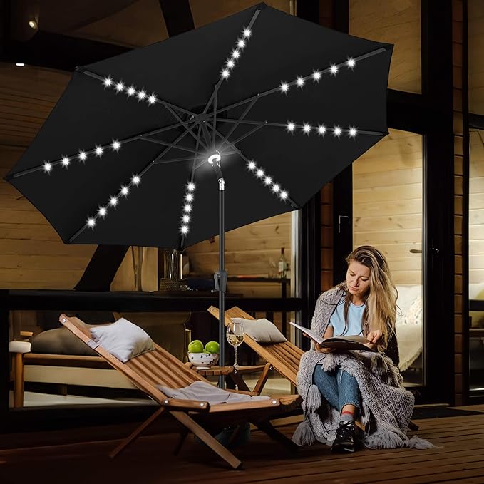 FLAME&SHADE 9 FT outdoor umbrella with 40LED lights, solar light patio umbrella with Centre Surround Light, Table Market Umbrella Outdoor Patiofor Deck, Pool, Backyard, Garden (Black)