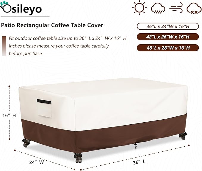 Outdoor Patio Coffee Table Cover, Waterproof Rectangular Patio Side Table Cover,Patio Furniture Covers,36 x 24 x 16 inch,Beige & Brown