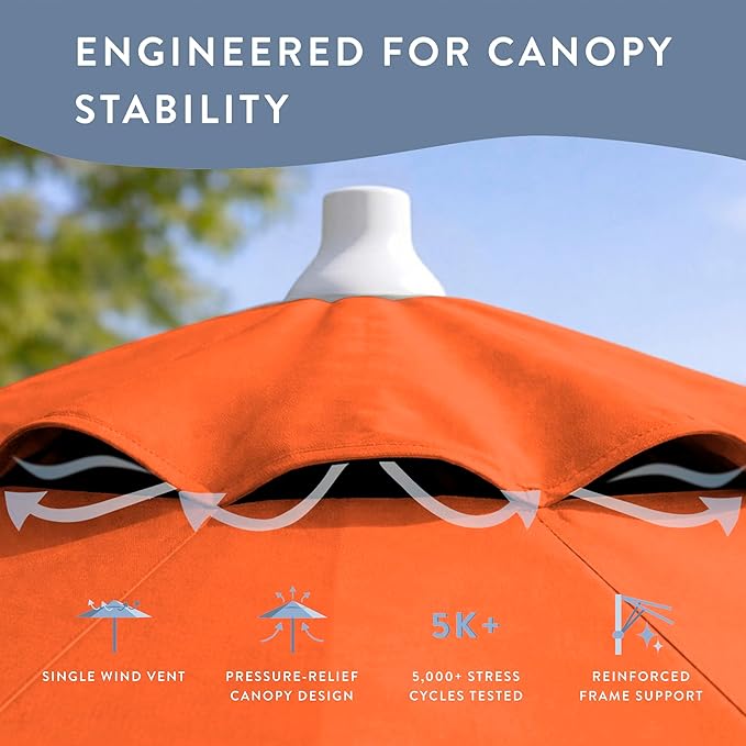 California Umbrella 12-Year Protection 9-Ft Outdoor Patio Umbrella, Sunbrella Fade-Resistant Fabric, Auto-Tilt, Heavy Duty Aluminum Frame, 8 Reinforced Ribs for Pool or Deck, White Pole, Tangerine