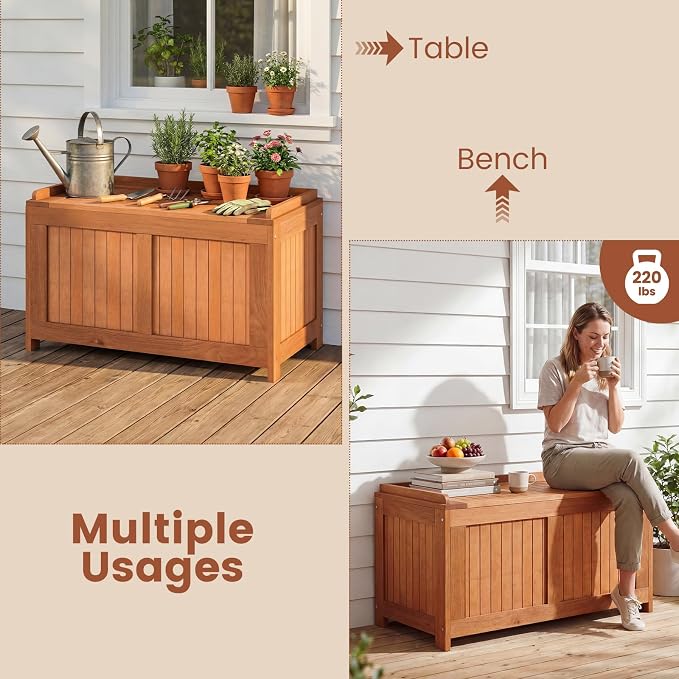 HAPPYGRILL Outdoor Wood Deck Box with Flip Top, Patio Storage Bench for Garden, Poolside, Backyard, 52 Gallon