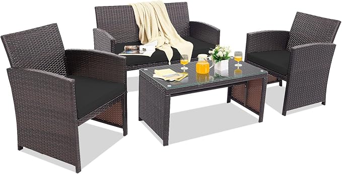 HAPPYGRILL 4 Pieces Rattan Conversation Set Outdoor Wicker Furniture Set with Tempered Glass Coffee Table, Soft Cushions, Weather-Resistant Rattan Chair Set for Garden Backyard Poolside (Black)