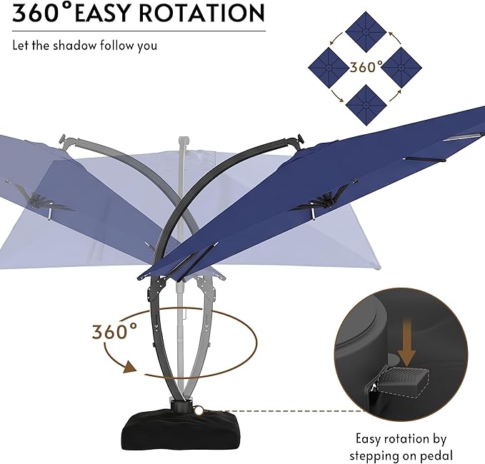 11FT Solar Powered LED Light Cantilever Patio Umbrella with Base Included, Large Cantilever Umbrella with 360°Rotation, Heavy-Duty Offset Outdoor Umbrella for Patio,Pool,Backyard (Navy blue)