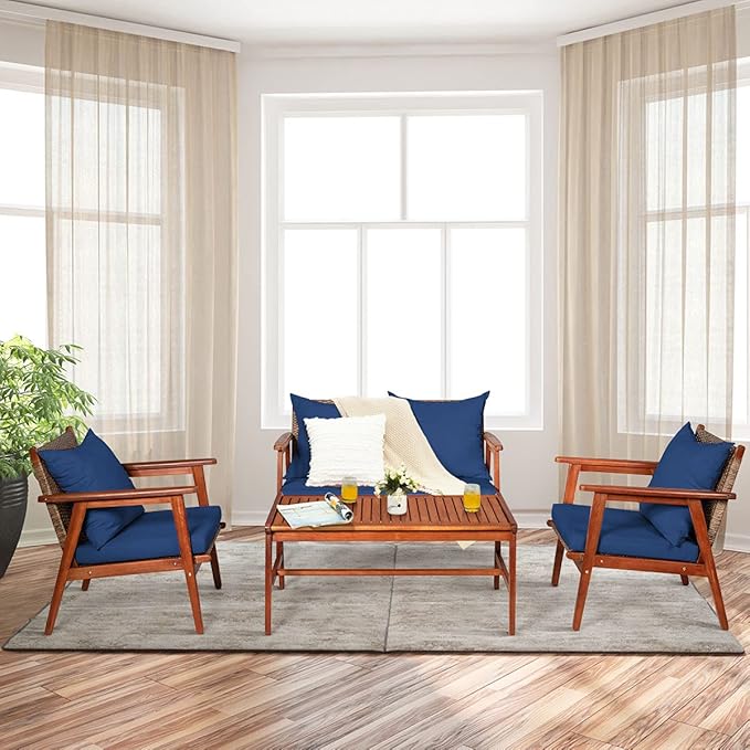 Tangkula 4 PCS Patio Wood Sofa Set, Outdoor Acacia Wood Seating Chat Set with Cushions & Coffee Table, Sectional Conversation Sofa Set for Garden, Backyard, Poolside (1, Blue)