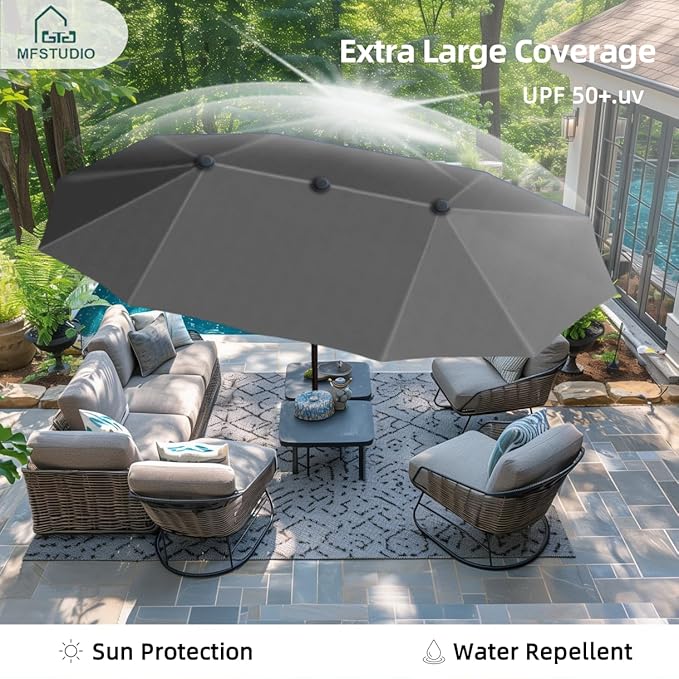 MFSTUDIO 13ft Outdoor Patio Umbrella, Double Sided Large Rectangular Umbrella Market Table Twin Triple Rectangle Umbrellas with Crank Handle for Outside Picnic Backyard Deck Pool (no base)