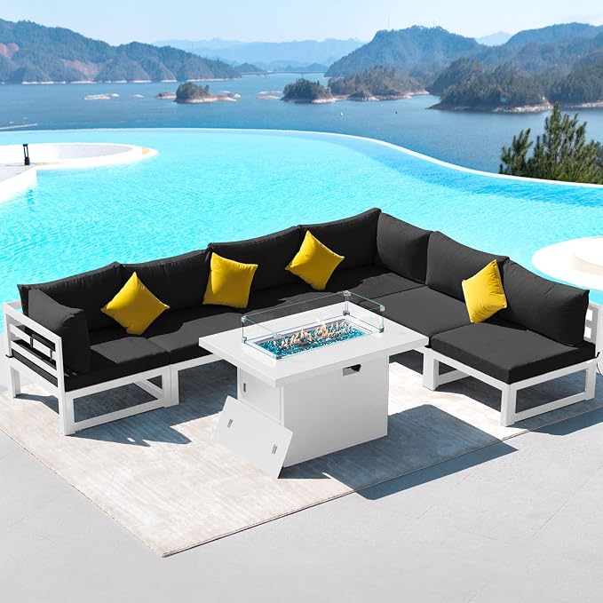 RADIATA 7 Piece L-Shaped Oversized Modern Aluminum Patio Furniture Set, All Weather Modular Sectional Sofa with Fire Pit Table, 500 lbs Heavy Duty Comfortable Outdoor Couch for Backyard Deck, Black