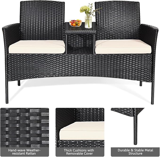 Outdoor Love Seat Set Patio Conversation Set with Cushion & Built-in Coffee Table, Outdoor Rattan Sofa Furniture Set for Garden, Lawn, Backyard (Beige)