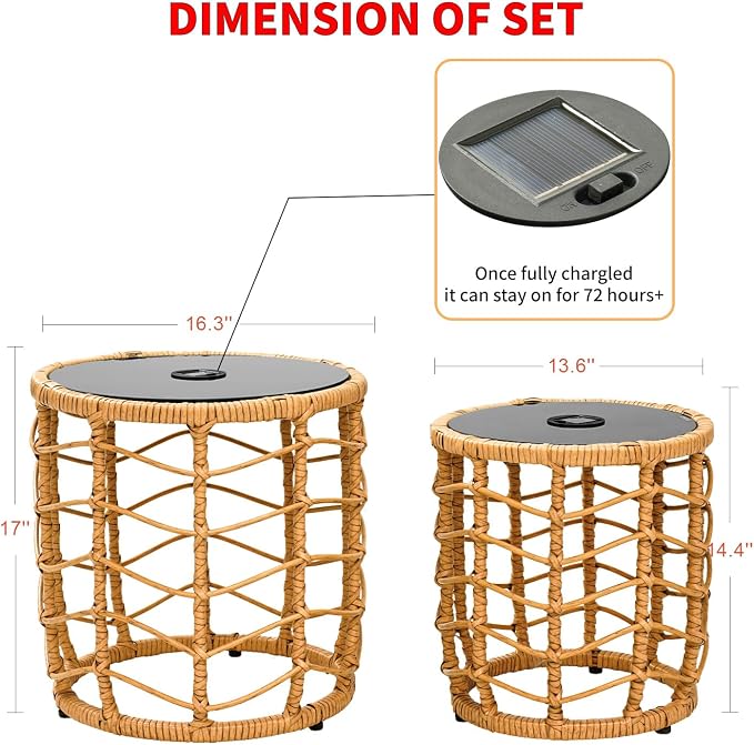 PROHIKER Solar Nesting Tables with Built-in Lights Set of 2, Outdoor PE Rattan Side End Table, Coated Steel Frame, 250lbs Capacity, All Weather for Patio, Porch, Garden, Balcony, Indoor