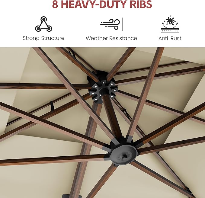 GENTEACO 10x13FT Rectangle Cantilever Patio Umbrella w/Base Included, Deluxe Wood Pattern Pole & 7 Angle Tilts, 360° Rotation, Offset Hanging Market Umbrellas for Garden Pool Patio, Beige
