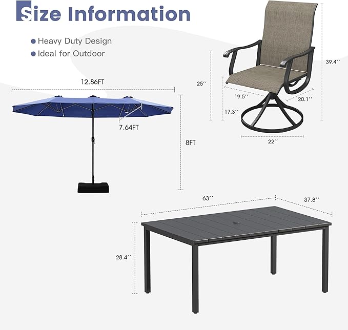 VICLLAX Patio Table and Chairs with Patio Umbrella, 6 Patio Swivel Chairs and Metal Patio Table with 15ft Blue Outdoor Umbrella for Backyard, Mixed Brown Chairs & Black Tabletop
