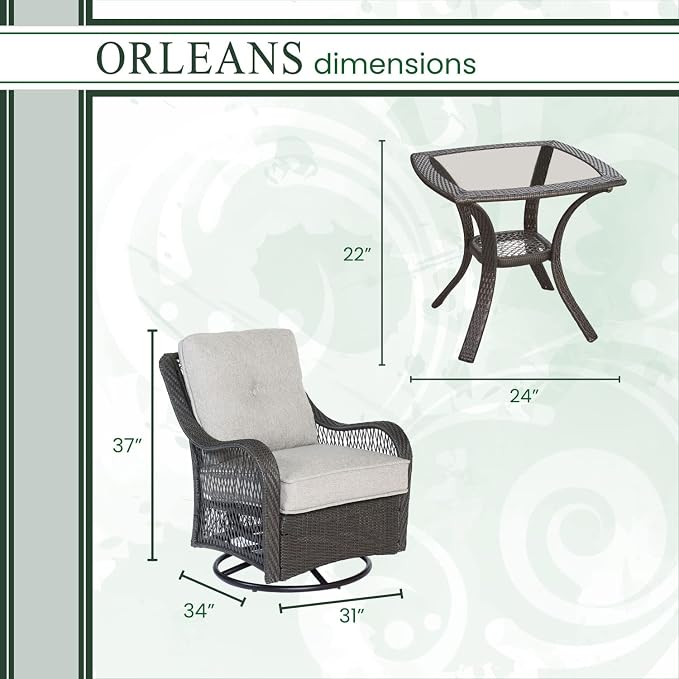 Hanover Orleans 3-Piece Patio Conversation Set with 2 Gray Weather Resistant Wicker Swivel Rockers, Navy Blue Water Resistant Cushions, and Glass Top Square Table, Outdoor Bistro Set 3-Piece