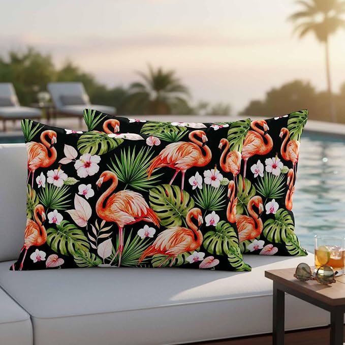 Pink Flamingos Outdoor Pillow Covers 20"x12" Set of 2, Green Tropical Leaf Hibiscus Flower Botanical Waterproof Throw Pillow Covers for Patio Furniture, Decorative Cushion Covers for Porch