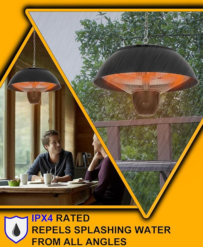 Infrared Hanging Electric Patio Heater W/Remote, Ceiling Mounted, 1500W, Indoor/Outdoor, IPX4 Water-Resistant, 360° Heat, 3-Second Warm-Up