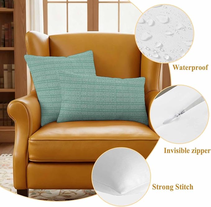 Outdoor Waterproof Throw Pillow Covers Set of 2 Green Stripes Grain Pillowcases 18x18 Inches Solid Color Decorative Pillows Cushion Case Patio Pillows for Couch Bed Chair Garden