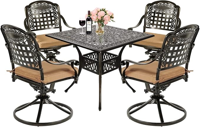 MEETWARM 5-Piece Outdoor Patio Dining Set, All-Weather Cast Aluminum Patio Conversation Set with 4 Cushions Swivel Rocker Chairs for Backyard Garden Deck and 35.4" Square Table, 2.2" Umbrella Hole