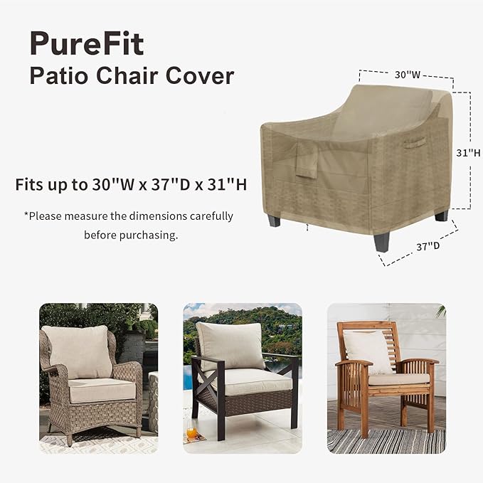 PureFit Outdoor Chair Covers Waterproof Patio Furniture Lawn Chair Covers for Outdoor Furniture with Air Vent and Padded Handles, Fits up to 30W x 37D x 31H Inches, Camel