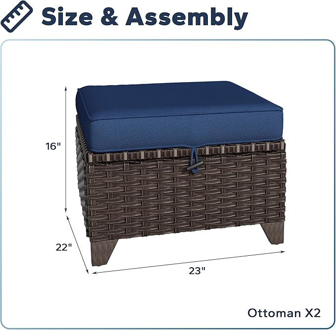 2 Pieces Patio All-Weather Wicker Ottomans with Cushions, PE Rattan Outdoor Conversation Furniture Set for Backyard, Deck, Lawn (Navy Blue)