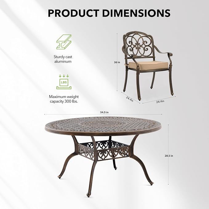 5-Piece Cast Aluminum Outdoor Table and Chairs, Classic Vintage Patio Dining Set for 4 Include 54.5" Round Dining Table and 4 Chairs with Removable Cushion and Umbrella Hole