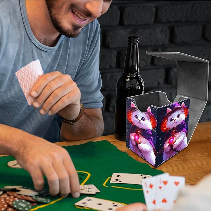 Deck Box for MTG, Cards Storage Box Fits 120+ Sleeved, Leather Medium Size Strong Magnetic Closing Card Case for Board Games Magic TCG CCG Baseball Collection, Purple White Cat