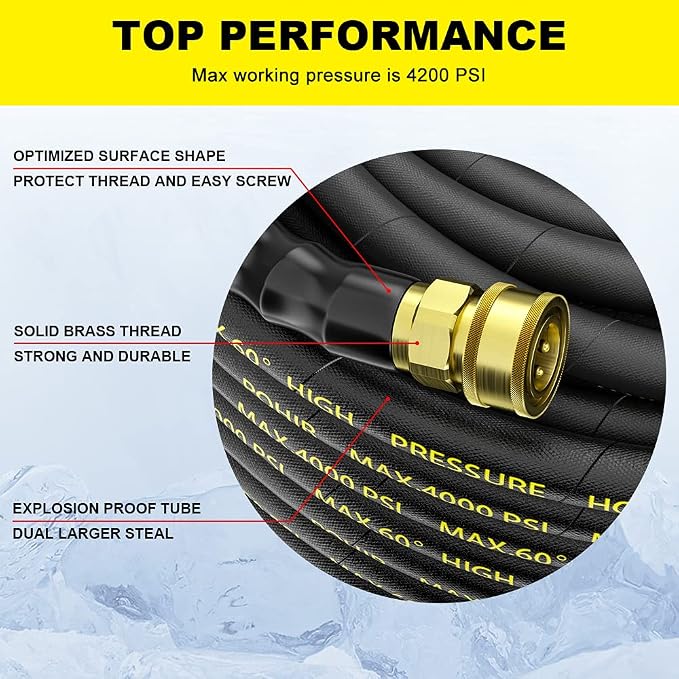 100FT Pressure Washer Hose 4000PSI with Power Washer Gun 3600PSI, Kink Resistant High Tensile Wire Braided