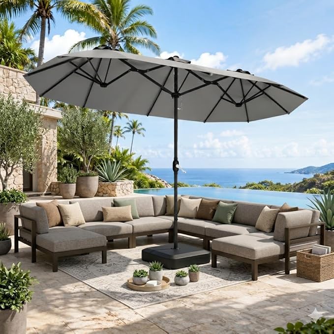 DomeShade 15ft Patio Umbrella with Base,Large Outdoor Double-Sided Rectangle Umbrella with Crank Handle, Market Umbrella for Poolside Garden Deck Backyard Beach Pools, Gray
