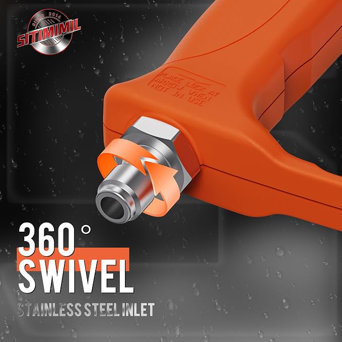 SITIMIMIL® Short Pressure Washer Gun Swivel Pro, Tangle-Free, Power Washer Gun with Self-Locking Spout Design, 3/8" QC Plug to M22-14/15mm (Brass, Stainless Steel, Orange Black)