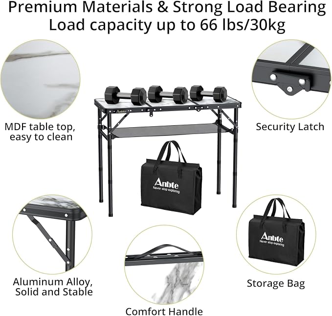 Anbte Folding Camping Table, Aluminum Small Folding Table 3 Adjustable Height Max 27.5", Portable Table with Carry Handle, Lightweight, for Outdoor Indoor Travel Camping Picnic BBQ, 34.6" x 15.7"
