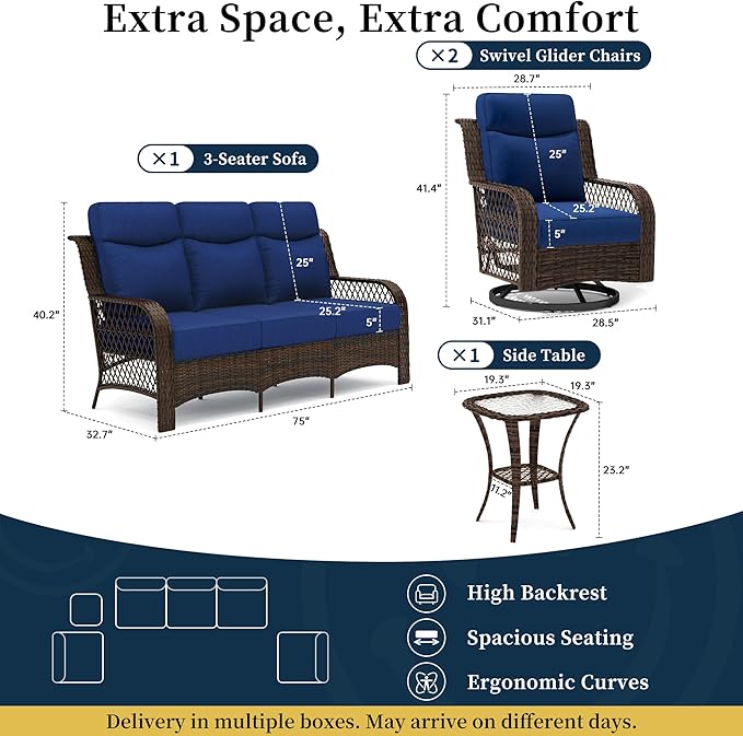 PIZZELLO 4 Pieces Patio Furniture Set w/3-Seater Outdoor Sectional Sofa, Swivel Rocker Patio Chairs and Side Table, Outdoor Wicker Conversation Set for Backyard (5" Cushions and 25" Full Support Back)