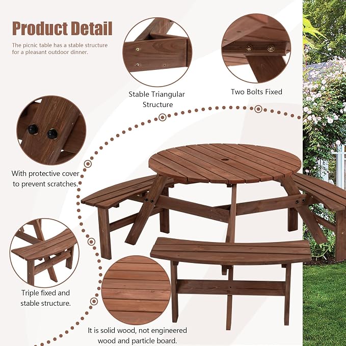 HRVEOCEI 8-Person Round Picnic Table with 4 Built-in Benches & Umbrella Hole, Wooden Picnic Tables for Outdoors, Patio, Backyard, Garden, 66.92"X66.92"X27.55, 2220lb Capacity (Round, Brown, 6-Person)