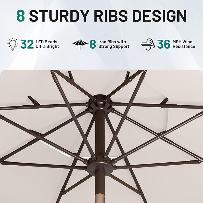 AreShark 9ft 3 Tiers Patio Umbrella with Solar Lights, Outdoor Umbrella w/ 32 LED Lights&8 Sturdy Ribs, Table Umbrella for Deck, Backyard, Pool (Ivory)