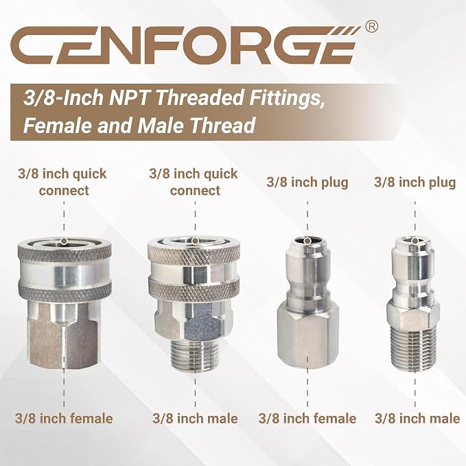 Pressure Washer Quick Connect, 3/8 Inch Quick Connect Pressure Washer Fittings, Stainless Steel, 8-PC, Female and Male Thread