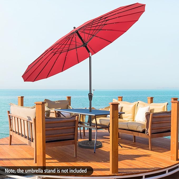 Tangkula 9FT Round Patio Umbrella, Outdoor Market Umbrella with 18 Fiberglass Ribs, Push Button Tilt, Crank, Fade-resistant Canopy & Ventilation, Aluminum Table Umbrella for Backyard, Pool (Wine)