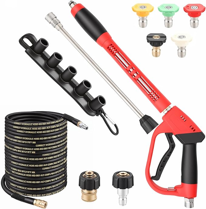 Pressure Washer Gun and Hose Kit, 3/8" 50Ft Pressure Washer Hose with Pressure Washer Gun & M22 14mm Adapters & 5Pcs Nozzle Tips & 2Pcs Extension Wand for House Car Driveway(5000PSI)