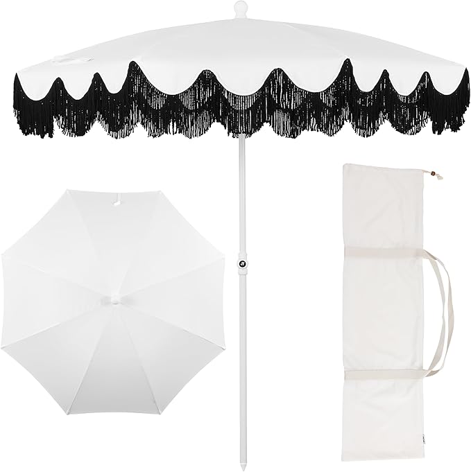 JONATHAN Y Mariner 6.5 ft. Beach Umbrella, White Solid with Fringe, Push-Button Tilt, UPF 50+ Sun Protection and Carrying Bag for Patio and Pool, White Pole UMB1005U