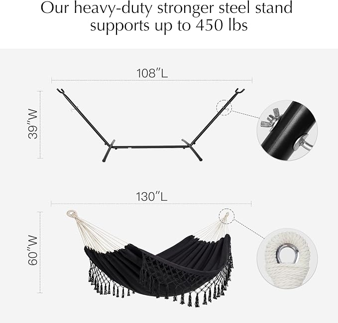 PNAEUT Handmade Tassel Hammocks, Double Hammock with Stand for Outside Indoor Outdoor, Max 450 lbs Capacity, Pillow & Storage Bag Included (Black)