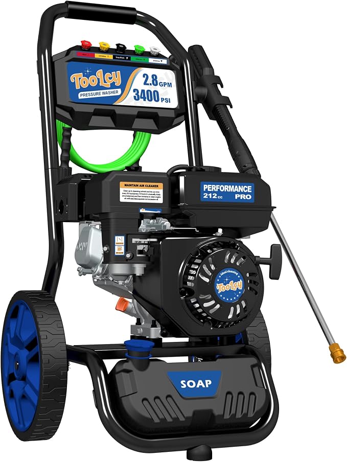 TOOLCY 3400 PSI Gas Pressure Washer, 2.8 GPM Power Washer with 212cc OHV Engine, Axial Pump, 50 FT Pressure Hose, Quick-Connect Swivel Spray Gun & 5 Nozzles for Cars, Driveways, Patios & Home