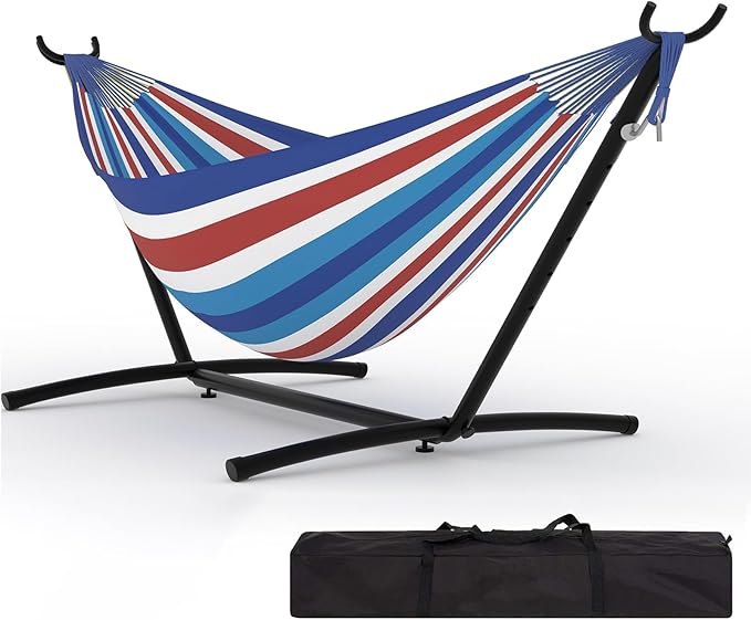 Double Hammock with Stand, Hammock Wih Space Saving Steel Stand and Carrying Case, 2 Person, 450 Lb Capacity, for Indoor Outdoor Patio Yard
