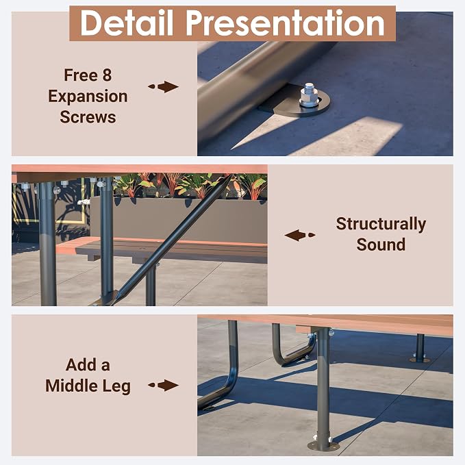 72" Rectangular Commercial Picnic Table for 6 Person, Heavy Duty Outdoors Dining Table Set with Wooden Top, Metal Legs,1.97" Umbrella Hole,Waterproof & Corrosion-Resistant, Ideal for Garden, Backyard