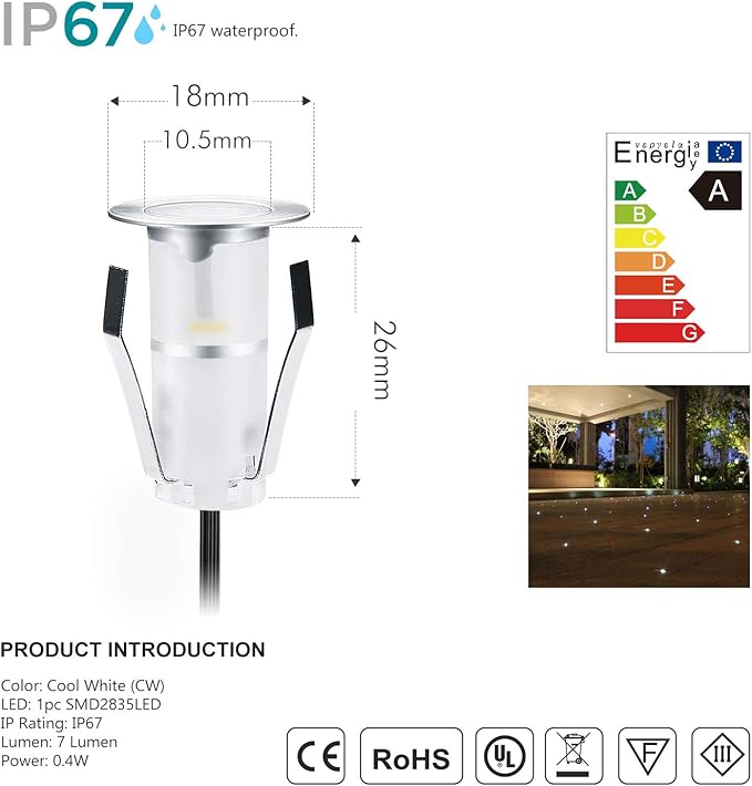 0.7" Tiny LED Deck Lights,Waterproof IP7 Low Voltage Stair Lights Landscape Lighting for Garden,Patio,Stairs Outdoor and Indoor Decoration Security Cool White(Pack of 10)
