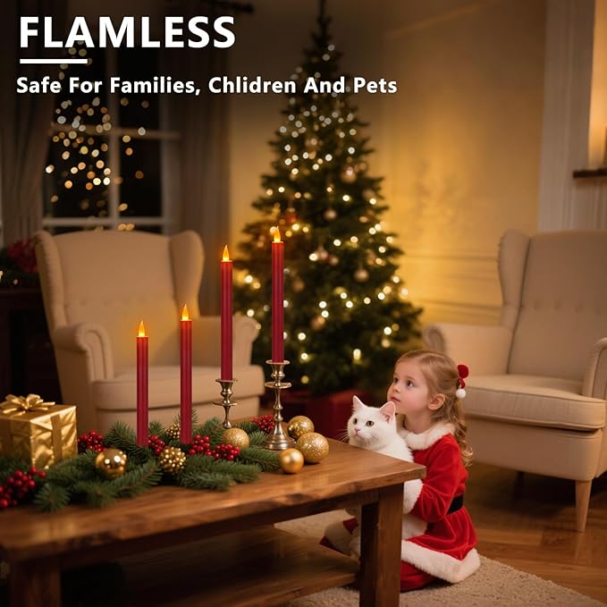 wemarry Flameless Taper Candles 10" Dripless Battery Operated Taper Candles Included Remote Timer 400+ Hours by 2AA Batteries for Halloween Christmas Wedding (Burgundy, 6 Pack)