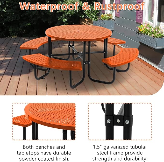 Coated Steel Heavy Duty Picnic Table for Outdoors 3200 lbs Load, Round Camping Table with Umbrella Hole up to 1.78", Commercial Picnic Table with Benches, Orange
