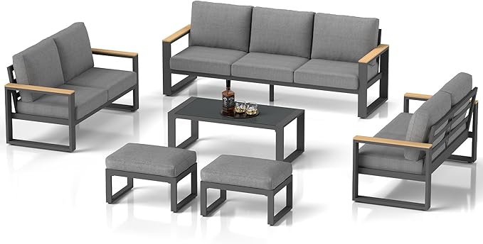 Aluminum Outdoor Patio Furniture Set with Height-adjustable Footrest for Lawn Porches Patio, 7 Piece All-weather Patio Sofa Sets with Coffee Table & Ottomans, Outdoor Patio Conversation set, Grey