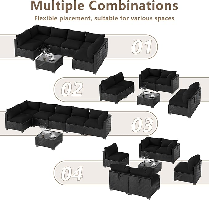 7 Piece Outdoor Patio Furniture Set, Rattan Chairs Glass Table Wicker Conversation Seating Sectional Sofa with Cushions (Black-Black, 7Pcs-Straight Back)