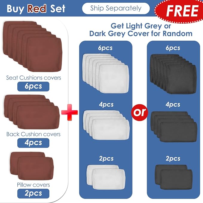 RADIATA 7 Piece Wicker Patio Furniture Set with Fire Pit, All-Weather Outdoor Sectional Couch High Back Large Size, Modular Backyard Seating Sofa Set with Propane/Natural Gas Firepit Table, Grey&Red