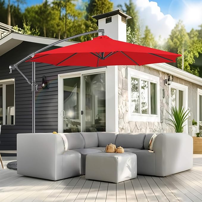 Offset Patio Umbrella Cantilever - 10 FT Cantilever Umbrella Outdoor with Crank and Cross Base, UV Protection Large Patio Umbrella for Garden, Deck, Backyard, Pool, Porch (Red)